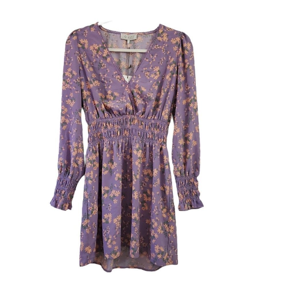 Wayf Mini Dress Small Delancy Smocked Waist Lavender Floral Print Boho NWT